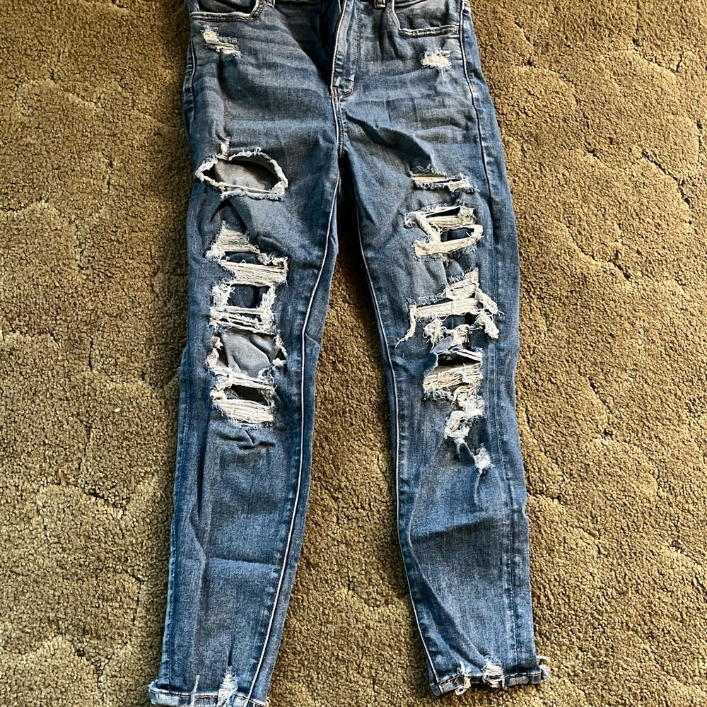 American Eagle Outfitters Blue Skinny Jeans with Distressed Details